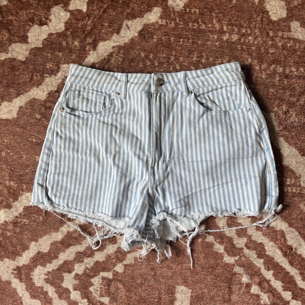 Divided Light Blue & White Striped Denim Cutoff Shorts